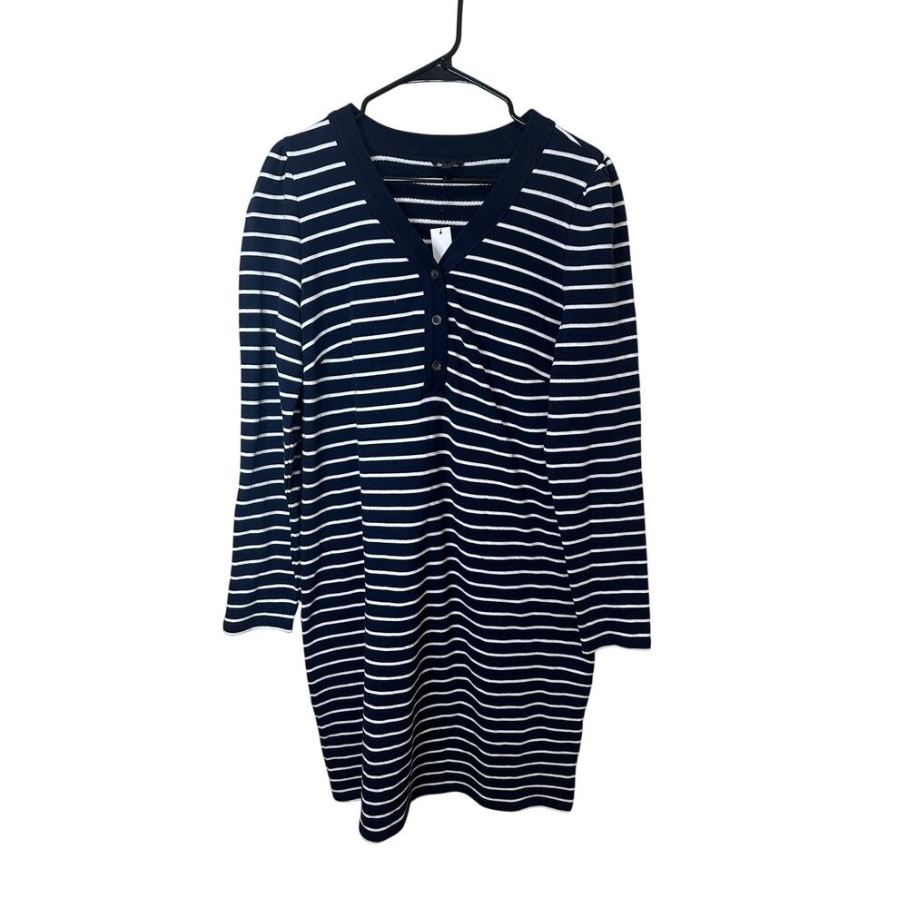Talbots NWT Sz L Cotton Striped Dress Navy Blue White Button Longsleeve